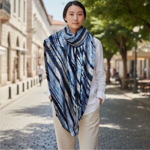 BCBGeneration lightweight Blue and Black Patterned, tassels draped Scarf